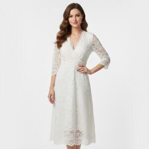 Kiyonna Bridal White Lace Midi Dress 3/4 Sleeve 1x Wedding Engagement Romantic